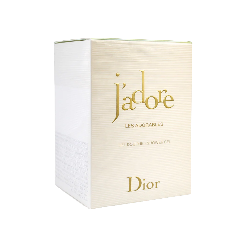 Caja Dior J'adore Les Adorables Shower Gel - empaque dorado blanco elegante
