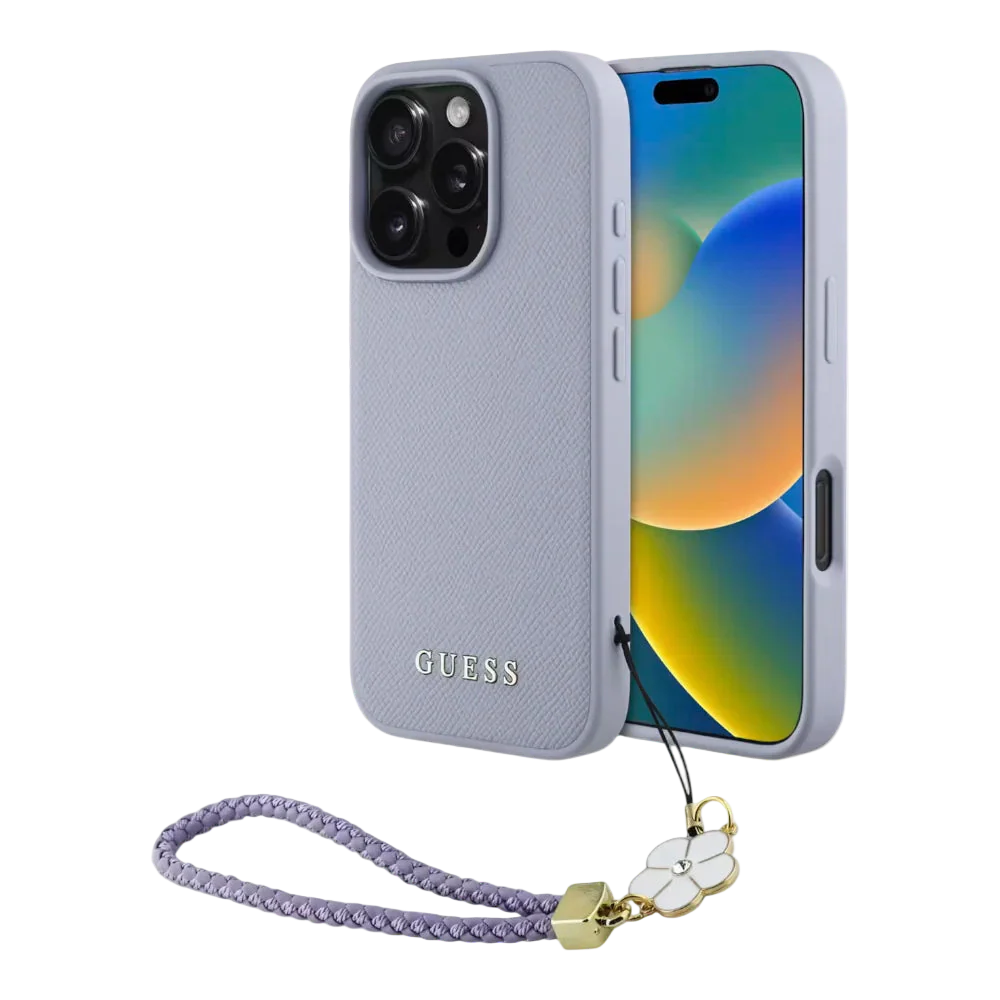 Estuche - Guess hc magsafe grained pu w/flower charm strap purple iphone 16 pro