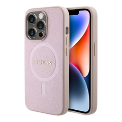 Estuche - Guess magsafe iphone 15 pro pu leather pink hard case saffiano color rosado