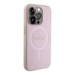 Estuche - Guess magsafe iphone 15 pro pu leather pink hard case saffiano color rosado