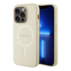 Estuche - Guess magsafe iphone 15 pro pu leather beige hard case saffiano magsafe color beig