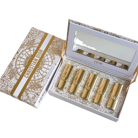 Christian Dior Mini Lipstick Set – Edición Especial Dorada (5 piezas + estuche espejo)